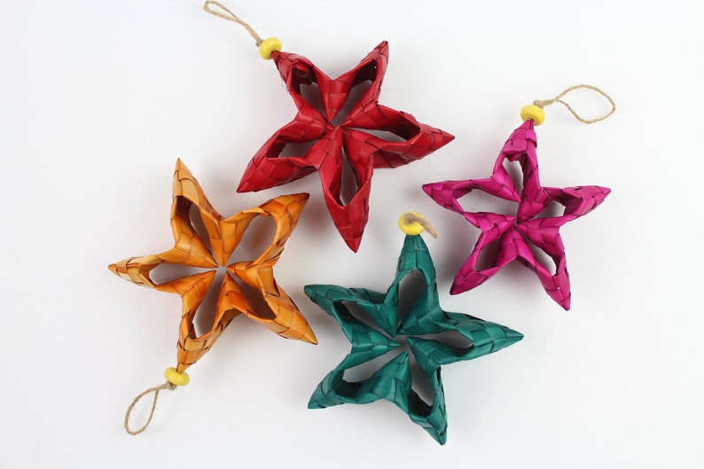 Large 1 2 Dozen Woven Star Ornaments Christmas Handmade Palm Etsy