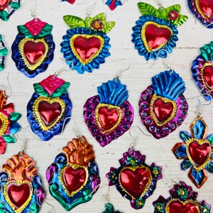 Sacred Heart Earrings-Halloween-Handmade-Hand cut-Tin Earrings-Kitsch-Folk Art-Day of the Dead-Disney COCO Inspired-Hand Painted-Wedding