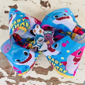 Large 6 inch Baby Shark Cartoon Bow One of a Kind Boho Updo Birthday Ribbon Shaker Folk Hair Accessories Moño Toddler Child Girls Birthday