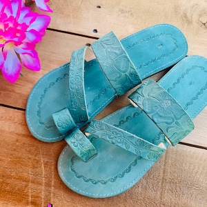 Teal Leather Sandals Woman Mexican Shoes Vintage Style 1970s-Floral-Flip Flops-Hippie-BOHO-Tribal-Shoes-Summer-Handmade Sandals-Huaraches image 9