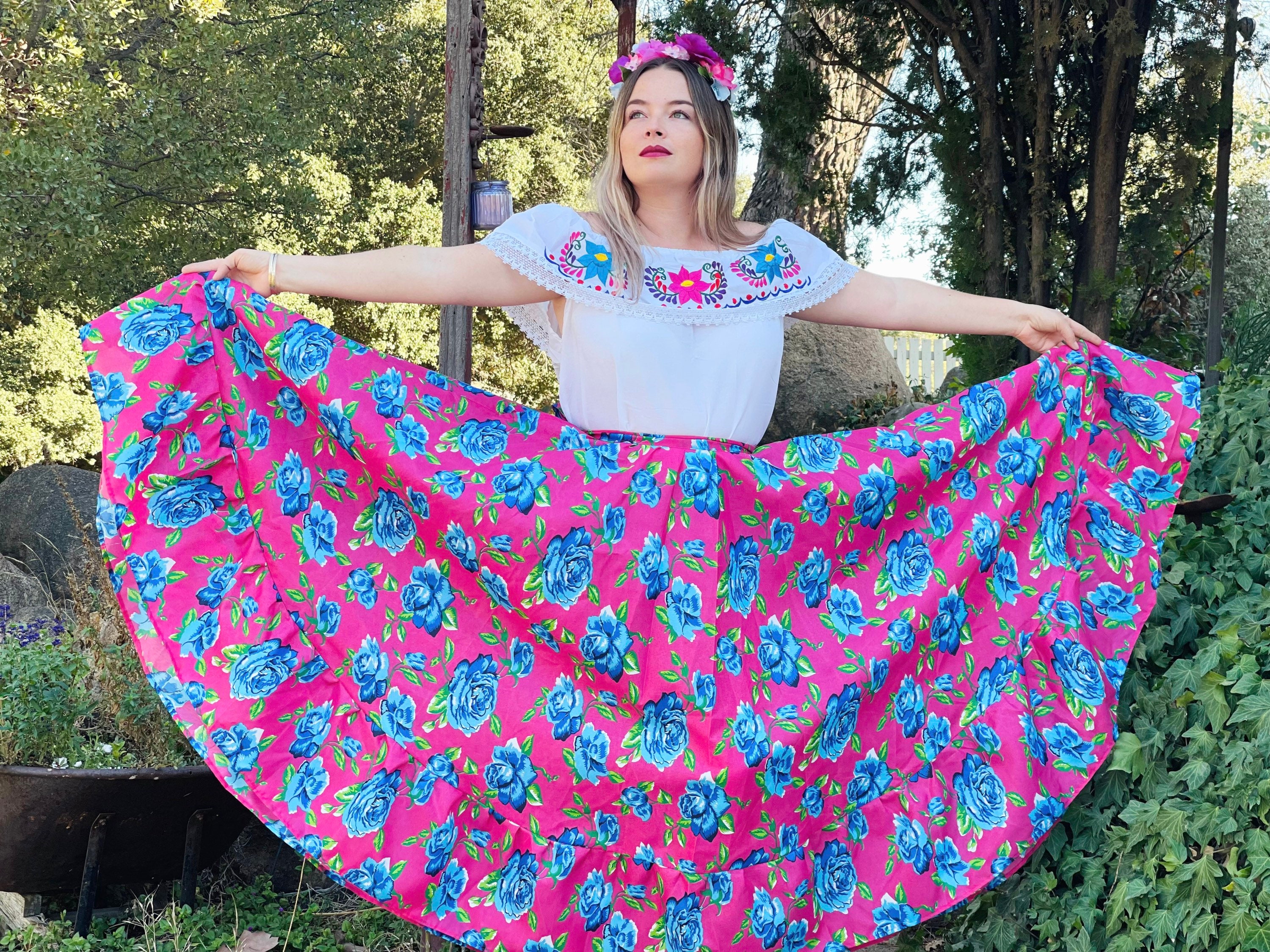 Falda Mexicana Rosa con Flores Azules Tela Clara - Etsy España
