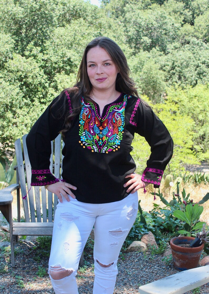 Medium Peacock Embroidered Peasant Blouse Long Sleeve-Black Cotton BOHO-Hippie-Summer-Traditional-Clothing-Frida Kahlo-Mexican Fiesta Outfit