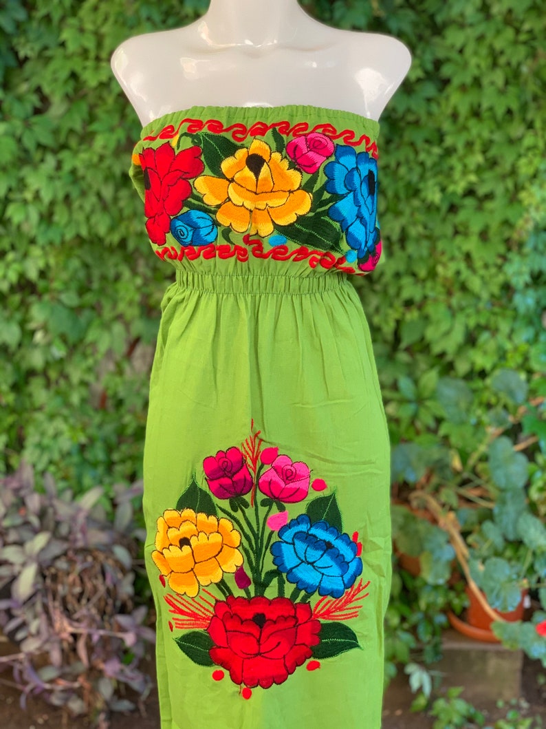Strapless Colorful Mexican Dress Embroidered Flowers Summer-BOHO-Hippie-Frida Kahlo style Handmade Dress Floral Wedding Tube Top Fiesta