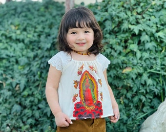 Virgen de Guadalupe Toddler Girl Blouse with Lace Cotton Manta Summer Boho Handmade Frida Kahlo Fiesta Birthday Off the Shoulder