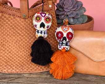 Hand Embroidered Sugar Skull Purse Charm-Tassel-Unique-Bag Bling-Day of the Dead-Boho-Halloween-COCO-Felt-Appliqué-Fiesta-Goth-Fiesta Gift