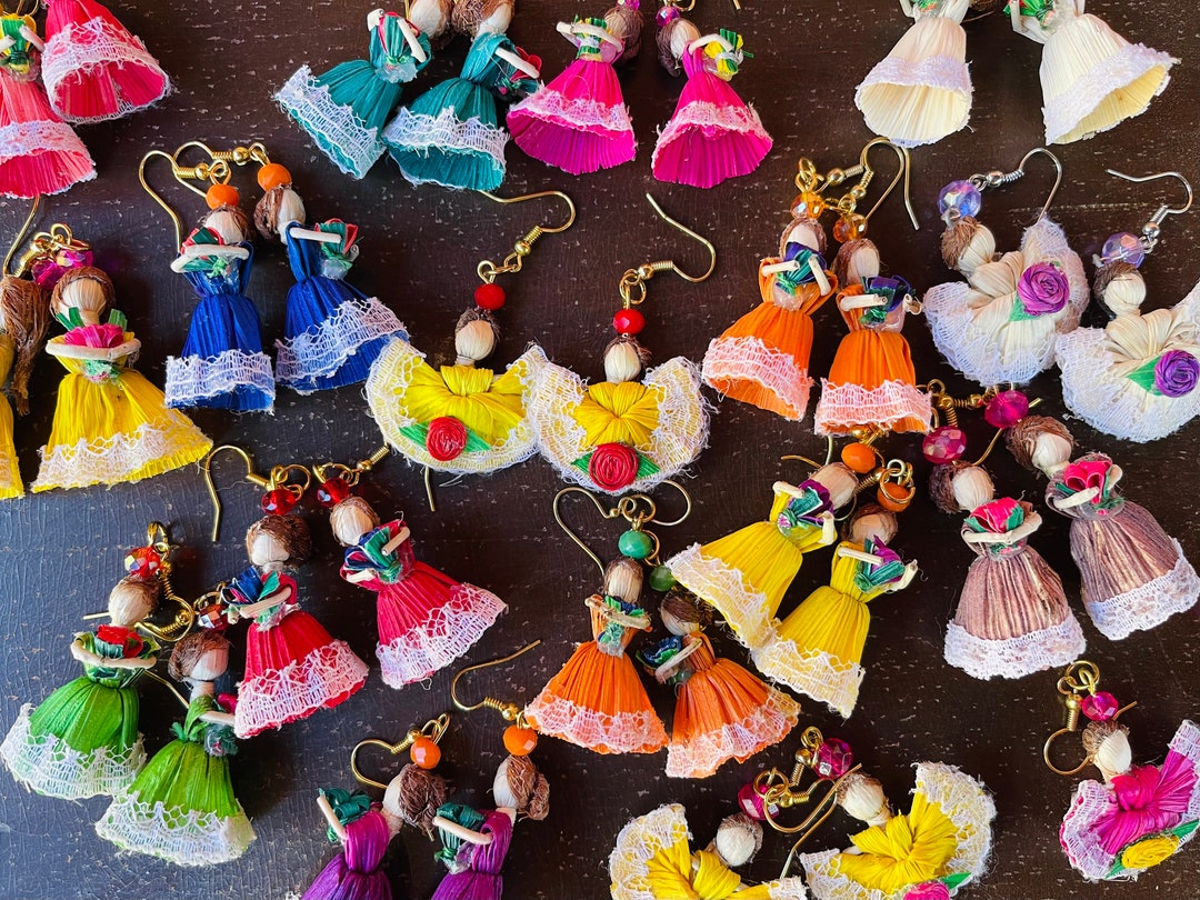 Corn Husk Earrings Mexican Doll Girl Handmade Colorful Boho Hippie