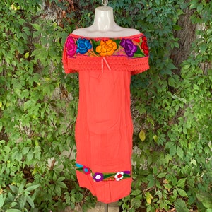 Dress Off the Shoulder Mexican Cotton Machine Embroidered Flowers Summer-BOHO-Hippie-Frida Kahlo style-Handmade Dress Art Costume Fiesta