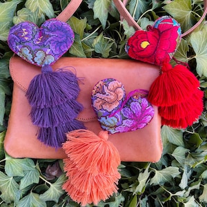 Boho Hand Embroidered Heart Purse Charm-Tassel-Embroidered-Unique-Beads-Bag Bling-Boho-Party Favor-Home Decor-Soho-Valentines Day Gift-Amor