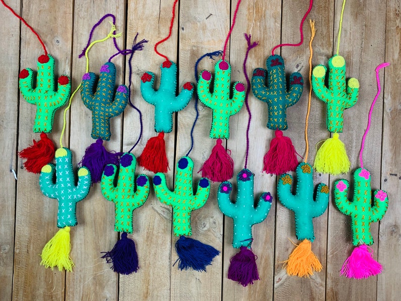 Large Cactus Embroidered Handmade Pompom Tassel Charm-Bag Accessorie-Key Chain-Craft Supply-Backpack Purse Gift for Her-Bohemian-Home Decor