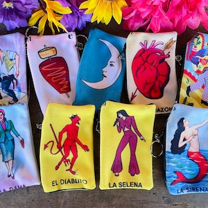Loteria Mini Münztasche Schlüsselanhänger Geldbörse-Hippie-BOHO-Volkskunst-Huipil-Blumen-Folk Art-Artsy-Mexikanische Fiesta Party Favor-Birthday Gesichtsmaske Beutel