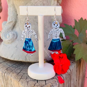 Catrina Skull Earrings-Halloween-Handmade-Hand cut-Tin Earrings-Kitsch-Folk Art-Day of the Dead-Disney COCO Inspired-Hand Painted-Wedding