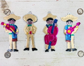 Handmade Mexican Tin Mariachi Ornaments (Set of 4) Vintage Christmas Tree-Fiesta-Xmas-Gift Ideas-Holiday-Southwest-Coco-Folk Art-Handcrafted