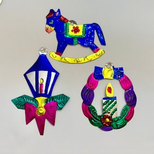 Handmade Mexican Tin Ornaments (Set of 3) Vintage Christmas Tree-Fiesta-Xmas-Gift Ideas-Holiday-Southwest-Coco-Amor-Folk Art-Handcrafted