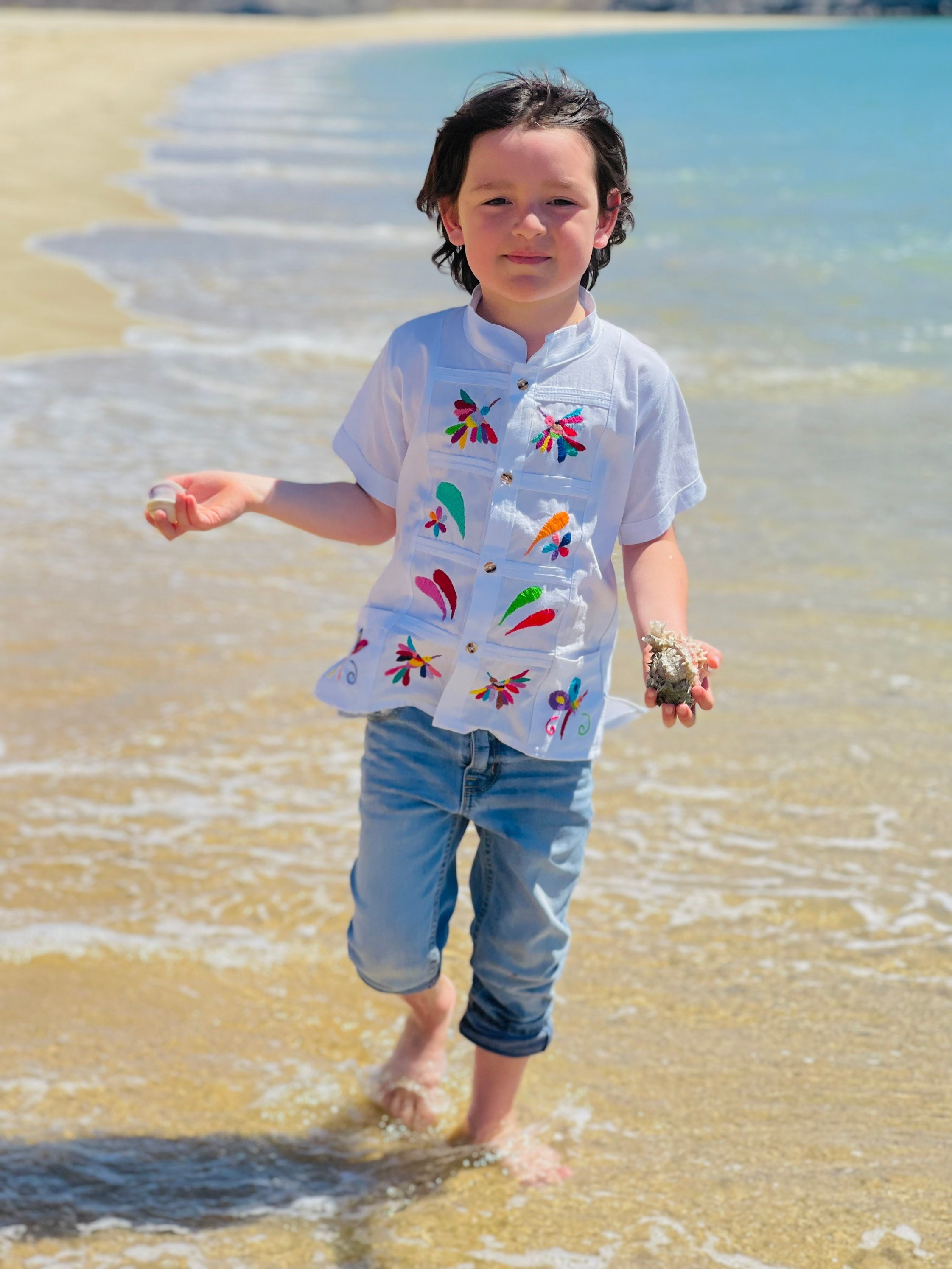 HandEmbroidered Cotton Guayaberas Otomi Child Sleeve 100% Cotton Boy Trendy-BOHO Toddler Summer-Hipster-Fiesta Birthday Party Hippie