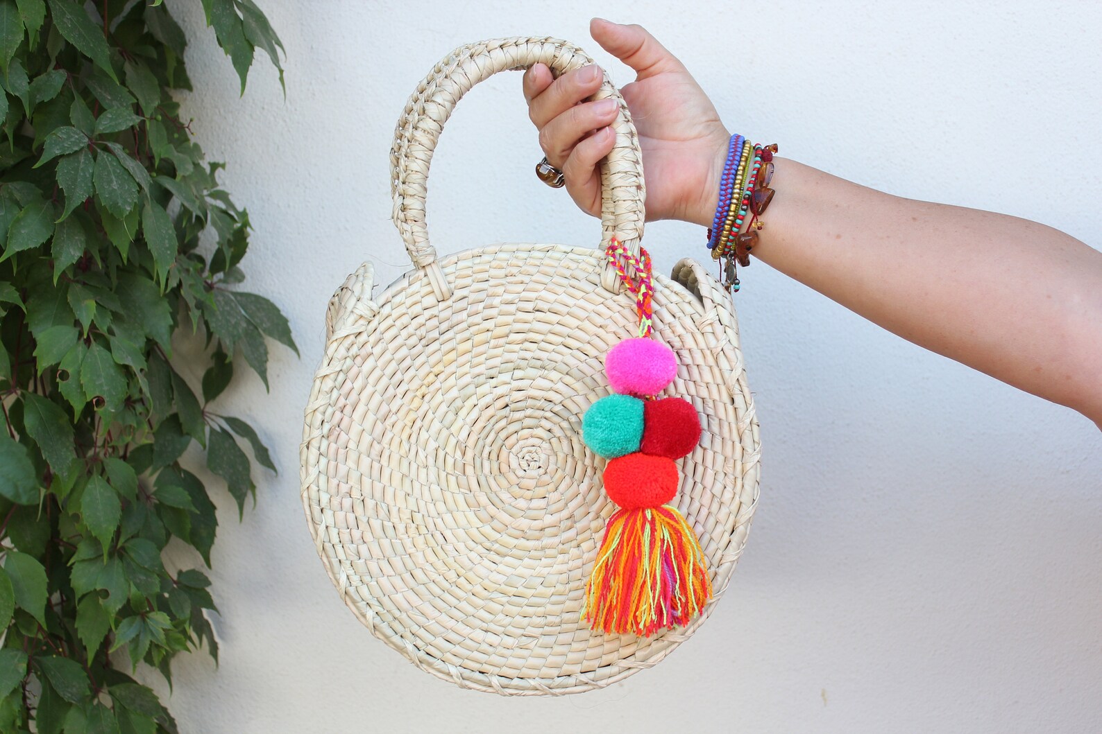 Round Handmade Woven Palm Leaf Bagnatural Etsy