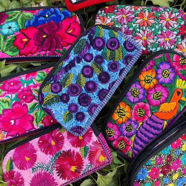 Repurposed Mexican Embroidered Clutch-Colorful- Makeup bag-Wallet-Hippie-BOHO-Huipil-Handmade-Flowers-Fiesta Birthday Gift-Festival Cell art