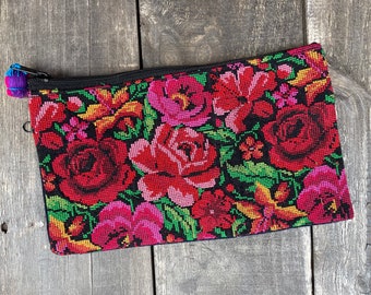 Repurposed Mexican Embroidered Clutch-Colorful- Makeup bag-Wallet-Hippie-BOHO-Huipil-Handmade-Flowers-Fiesta Birthday Gift-Festival Cell art