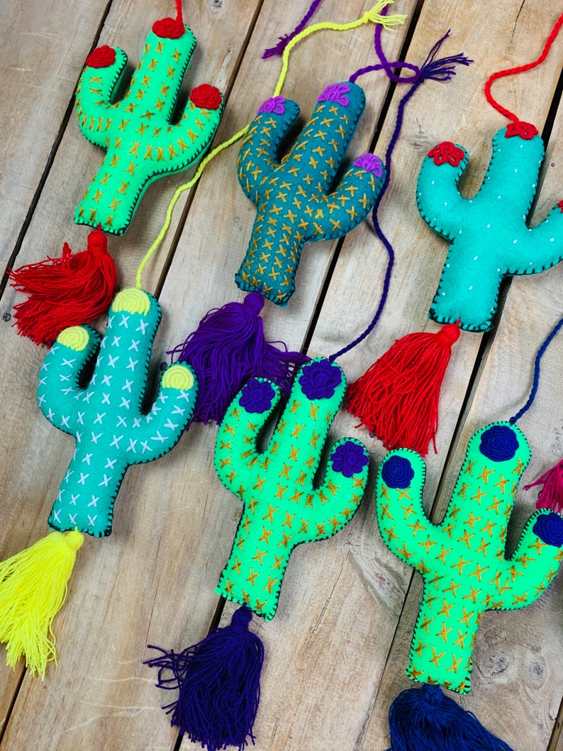 Large Cactus Embroidered Handmade Pompom Tassel Charm-Bag Accessorie-Key Chain-Craft Supply-Backpack Purse Gift for Her-Bohemian-Home Decor