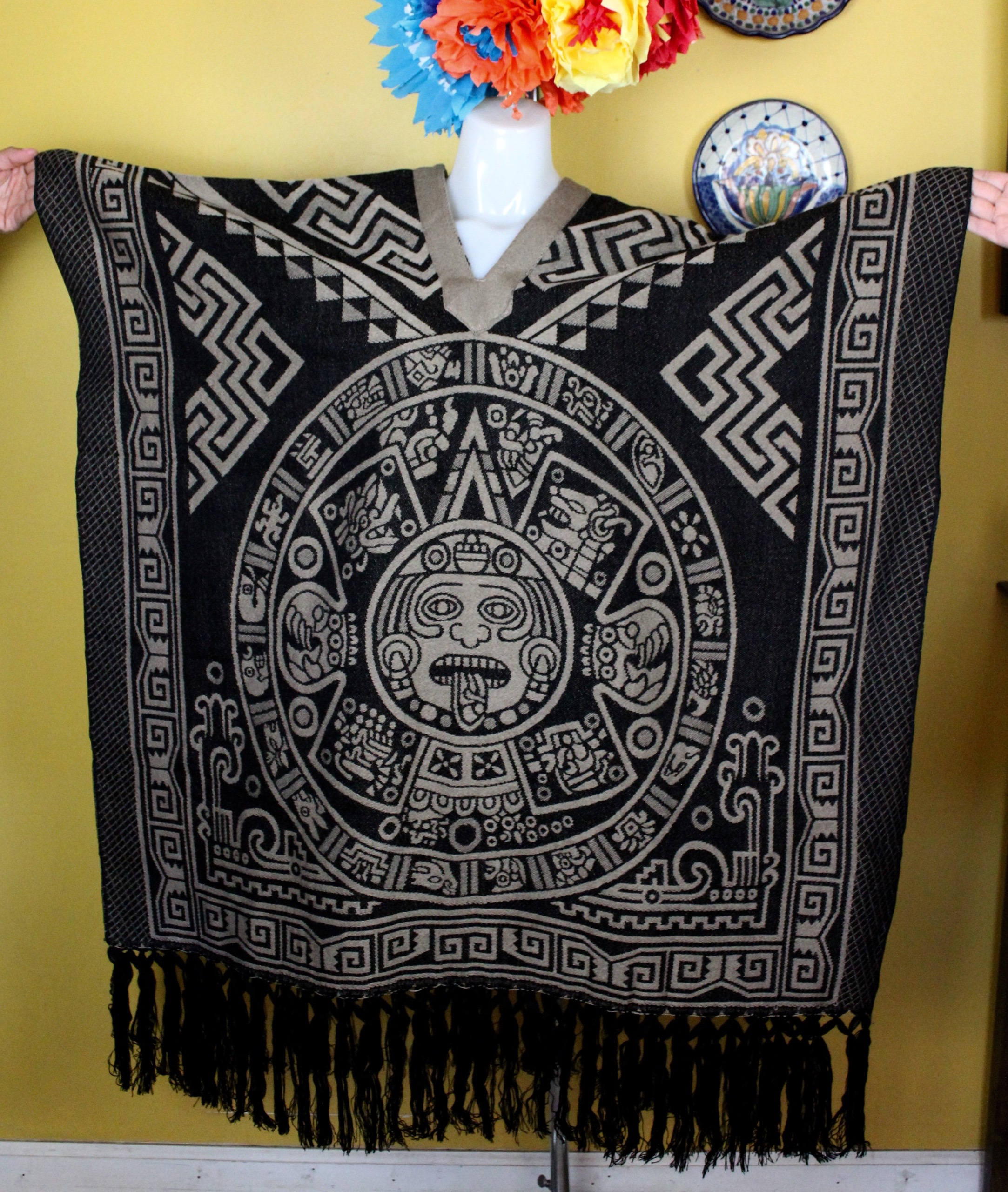 Aztec Calendar Woven Poncho Sarape Fringe Cape Adult Size Etsy