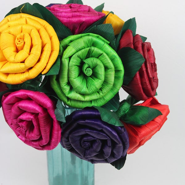 Rainbow Flowers-6 Stems-Handmade Corn Husk Flower Bouquet-Floral Pick-Gift Wrapping-Gifts for Her-Colorful Valentines Fiesta Birthday-Party