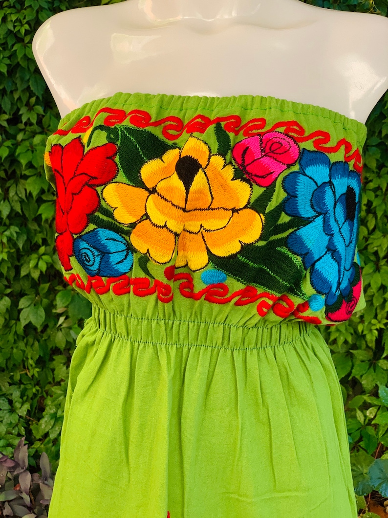 Strapless Colorful Mexican Dress Embroidered Flowers Summer-BOHO-Hippie-Frida Kahlo style Handmade Dress Floral Wedding Tube Top Fiesta