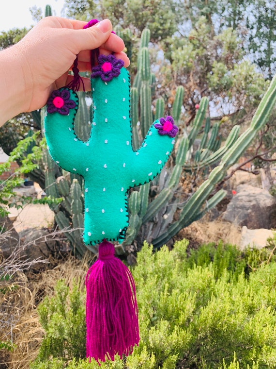 Large Cactus Embroidered Handmade Pompom Tassel Charm-Bag Accessorie-Key Chain-Craft Supply-Backpack Purse Gift for Her-Bohemian-Home Decor
