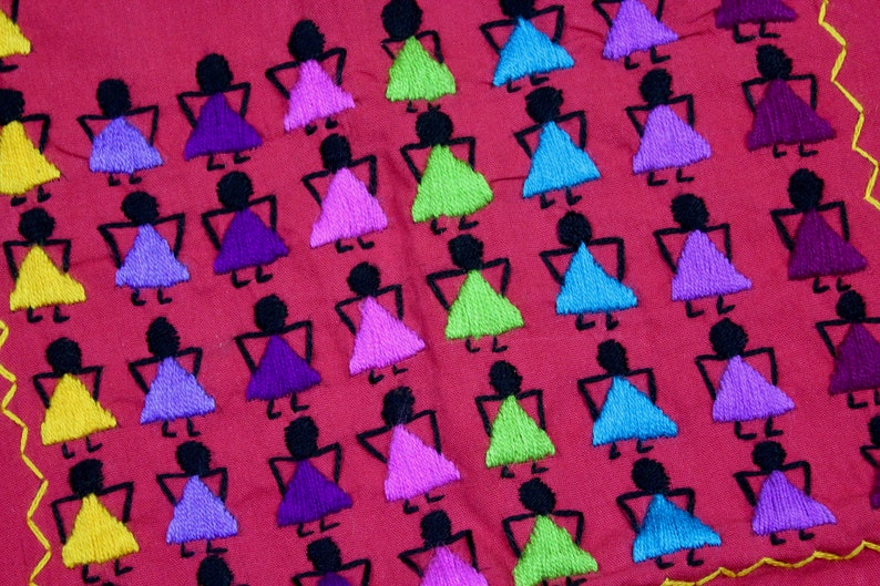 Dancing Girls Traditional Hand Embroidered Multicolor Mexican Huipil Manta Cotton-Organic-Fiesta Birthday-Wedding-festival-Statement-Folk