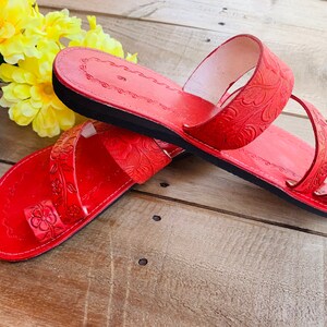 Red Leather Sandals Woman Mexican Shoes Vintage Style 1970s-floral-flip ...