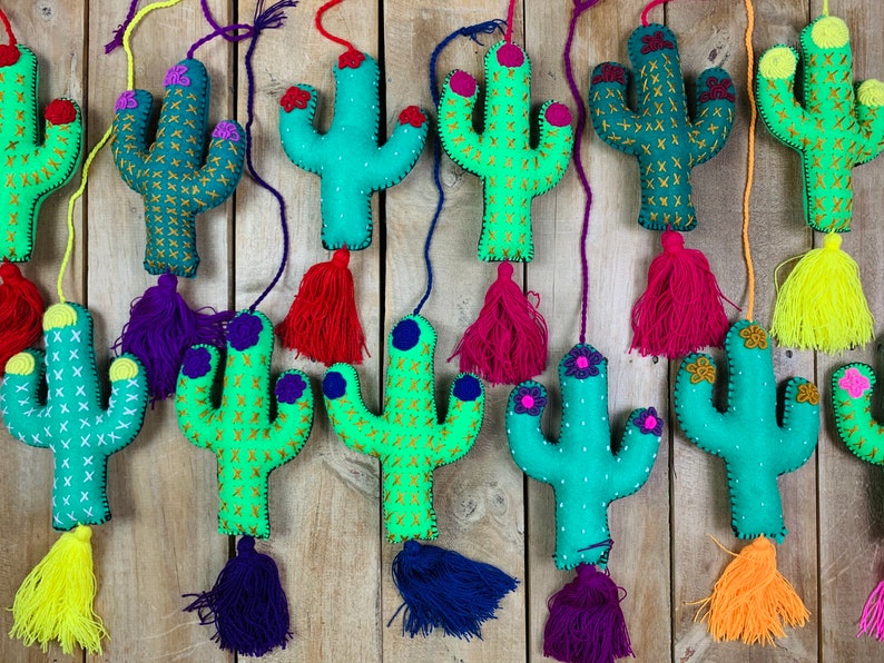 Large Cactus Embroidered Handmade Pompom Tassel Charm-Bag Accessorie-Key Chain-Craft Supply-Backpack Purse Gift for Her-Bohemian-Home Decor