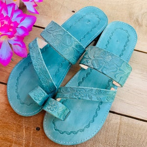 Teal Leather Sandals Woman Mexican Shoes Vintage Style 1970s-Floral-Flip Flops-Hippie-BOHO-Tribal-Shoes-Summer-Handmade Sandals-Huaraches image 6