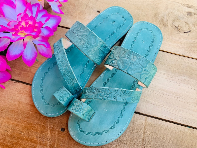 Teal Leather Sandals Woman Mexican Shoes Vintage Style 1970s-Floral-Flip Flops-Hippie-BOHO-Tribal-Shoes-Summer-Handmade Sandals-Huaraches image 6