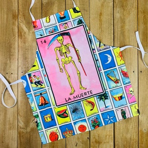 Delantal la Muerte Bordado con Bolsillo Comida Roja Fiesta Cena Barbacoa Navidad Aniversario Mexicana Día de las Madres Abuelita Regalo Lotería Adulto