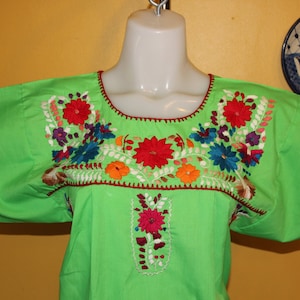 Mexican Embroidered Tunic -Embroidered by Hand- Lime Green (Small) BOHO Hippie- Handmade- Beautiful