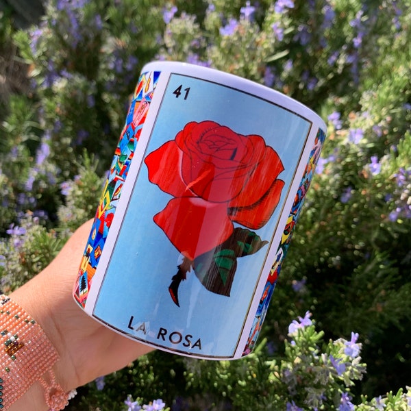 La Rosa Coffee Cup Loteria Handmade Mexican Mug Fiesta Rosa Sirena Gift Ideas Folk Art Camping Taza El Gallo La Luna Mothers Day Latina