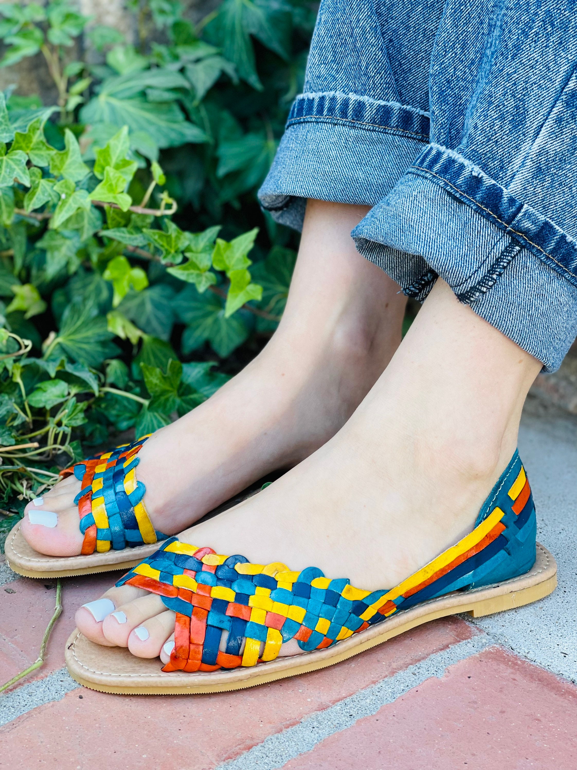 Leather Sandals Woman Mexican Shoes Vintage Style Floral flip
