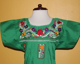 3-4 Years- Colorful Baby Mexican Girls Dress- Green- Embroidered by Hand- Flowers- Boho- Hippie- Flowers