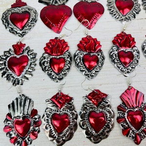 Sacred Heart Earrings-Halloween-Handmade-Hand cut-Tin Earrings-Kitsch-Folk Art-Day of the Dead-Disney COCO Inspired-Hand Painted-Wedding