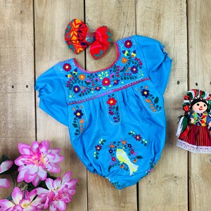 6-12 Months Colorful Baby Toddler Mexican Girls Romper Onesie Hand Embroidered Flower Girl-Summer Fiesta Boho Birthday Outfit-Frida Kahlo