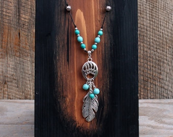 Bear Paw/Feather Turquoise Leather Necklace, Tribal Jewelry, Southwestern Jewelry, Beaded Jewelry, Leather Jewelry