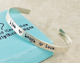 Live Laugh Love Bracelet White Ribbon Bracelet Hand Stamped Bracelet Positive Quote Gifts Positivity Bracelet Bracelets For Women Engraved