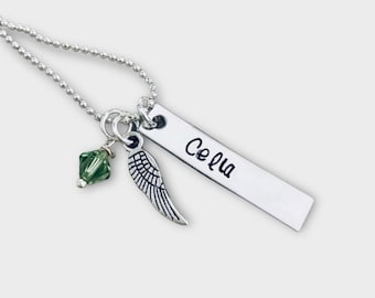 Personalized hand stamped bar with angel wing charm and freshwater pearl. Remembrance faith personalized name initial monogrammed