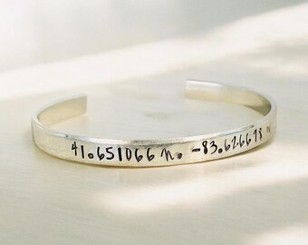 Personalized Coordinate bracelet Sterling silver copper brass aluminum custom cuff bracelet with coordinates personalized jewelry engraved
