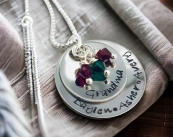 Personalized necklace mother grandmother necklace with birthstone crystals and names hand stamped gift for mom Valentines day Mothers day