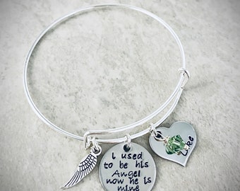 I used to be his angel now he is mine hand stamped personalized bangle bracelet