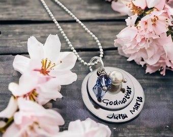 Personalized godmother necklace hand stamped jewelry personalized mothers necklace grandmothers necklace freshwater pearl birthstone