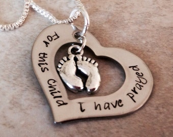 For this child I have prayed hand stamped necklace with feet charm pregnancy loss mom mother 1 samuel grandma blessings faith