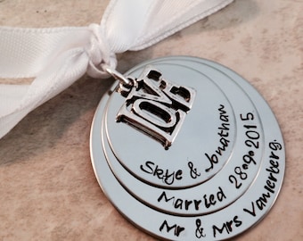 SALE Hand stamped ornament personalized wedding ornament our first christmas married husband and wife mr and mrs