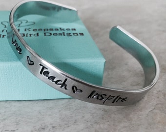 Sale personalized teacher bracelet love teach inspire custom cuff bracelet monogrammed teacher appreciation gift end of school year gift