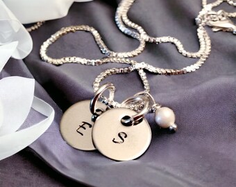 Personalized monogrammed necklace hand stamped with freshwater pearl options available