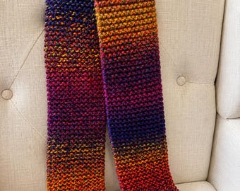 Hand Knit Wool Blend Scarf | Multicolor Chunky Knit Scarf | Purple Orange Ombre Winter Scarf | Cozy Handmade Neck Warmer | 5"x55"